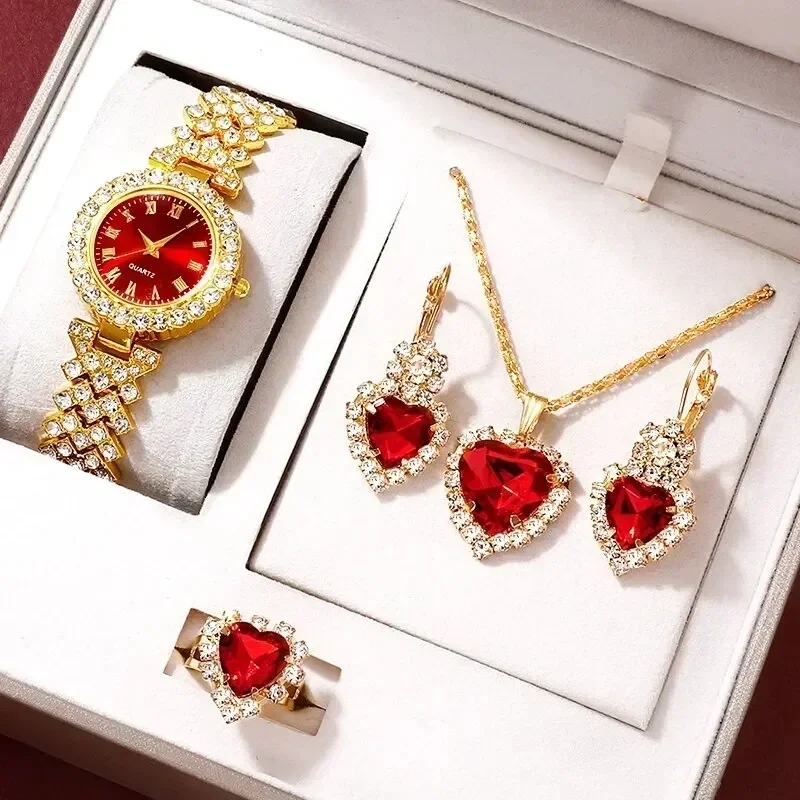 Luxury Watch Kit - Złoty luksusowy zegarek damski naszyjnik pierścionek